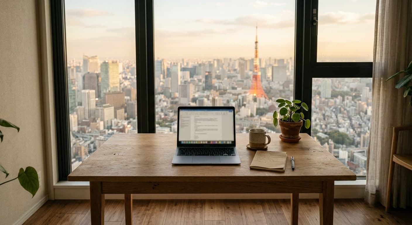 A desk with a laptop, notebook and coffee by a window overlooking the city in Japan