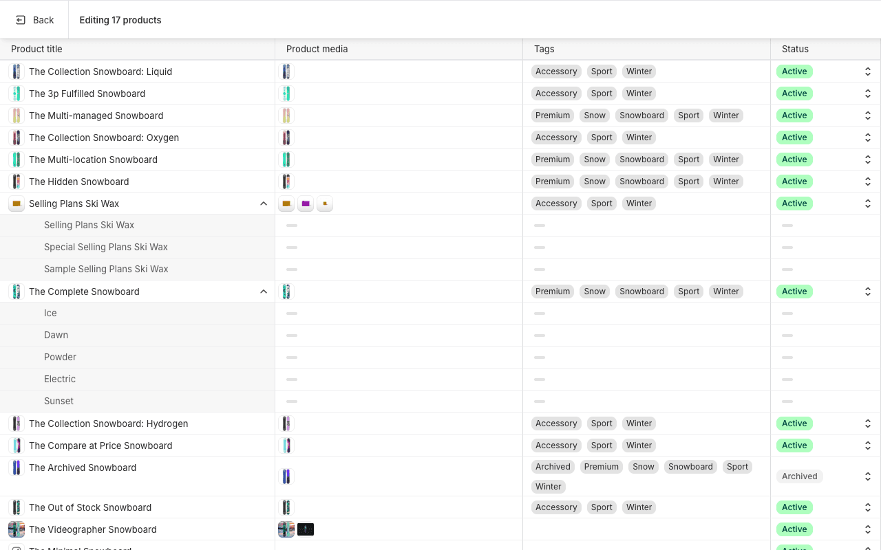 Bulk editing products, tags and status in the Shopify admin